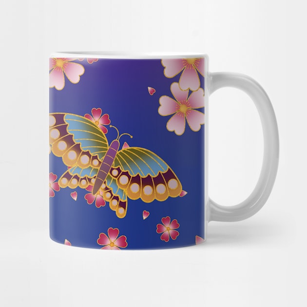 Japanese Butterflies Amid Sakura Blossoms (Blue & Purple) by Mozartini